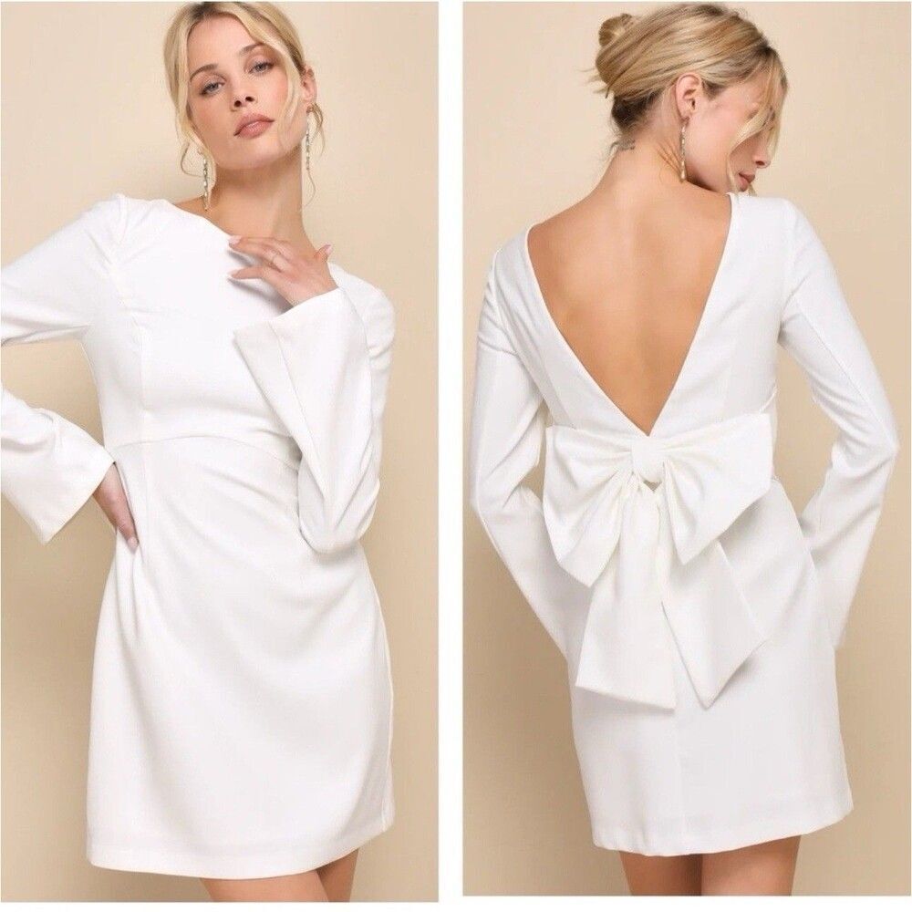Lulus Elegant Cutie Ivory Bow Long Sleeve Backless Mini Dress Size XS NWT Bridal